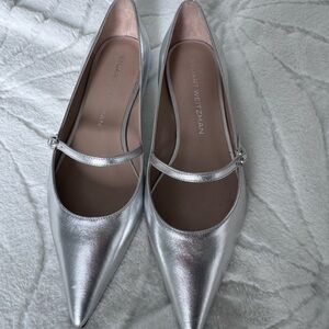 Stuart Weitzman Silver Pointed Mary Jane Flats with Strap